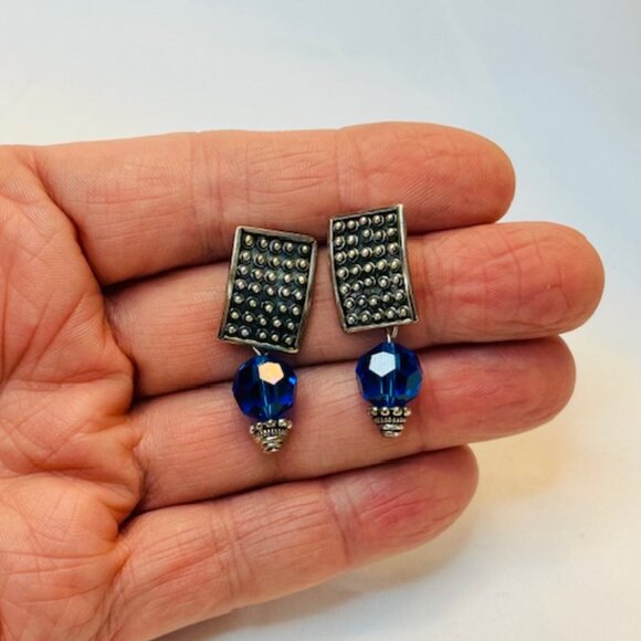 Sterling Silver & Blue Swarovski Crystal Dangle Drop Earrings - Picture 2 of 4